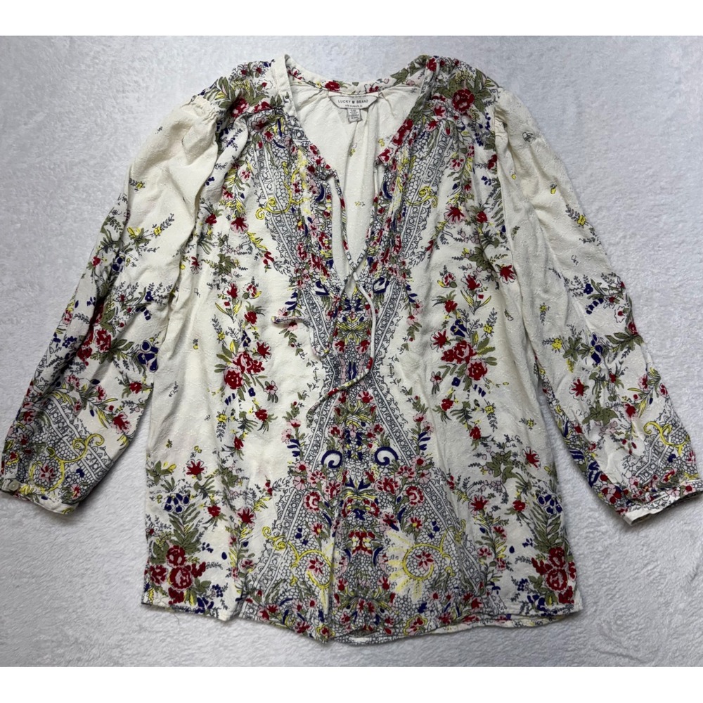 Lucky Brand Womens Small Cream Floral Paisley Boho Peasant Blouse Tie Neck Top